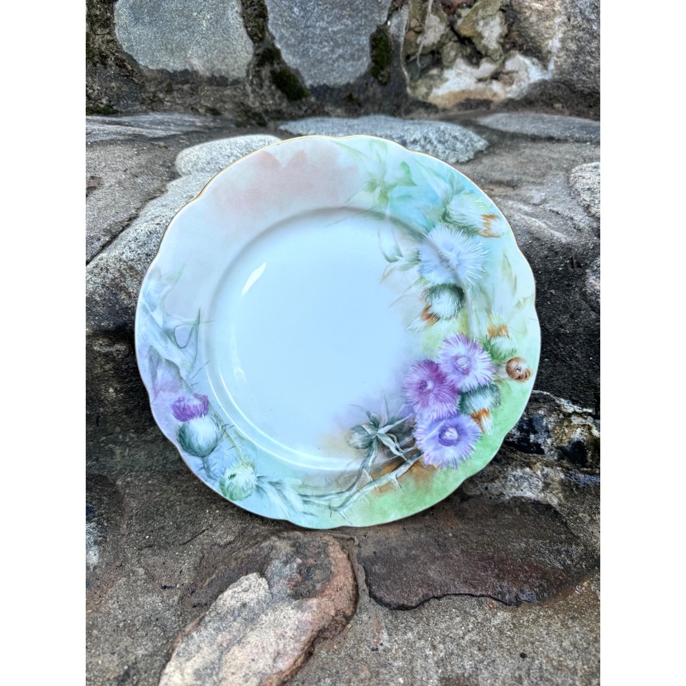 Antique C.T. Germany Hand Painted Thistle Porcelain Plate Scalloped Gold Rim 9"